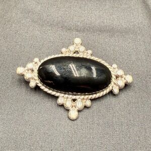 Premier Designs Vintage Black Cabochon Brooch Pin Pendant Silvertone Boho Gothic